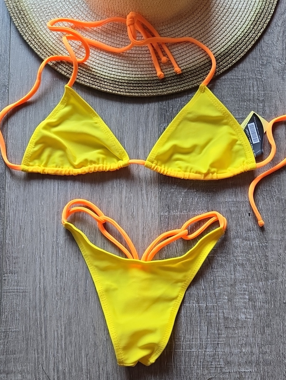 Womens Yellow & Orange Two-Piece Thong Bikini Swimsuit. Sm